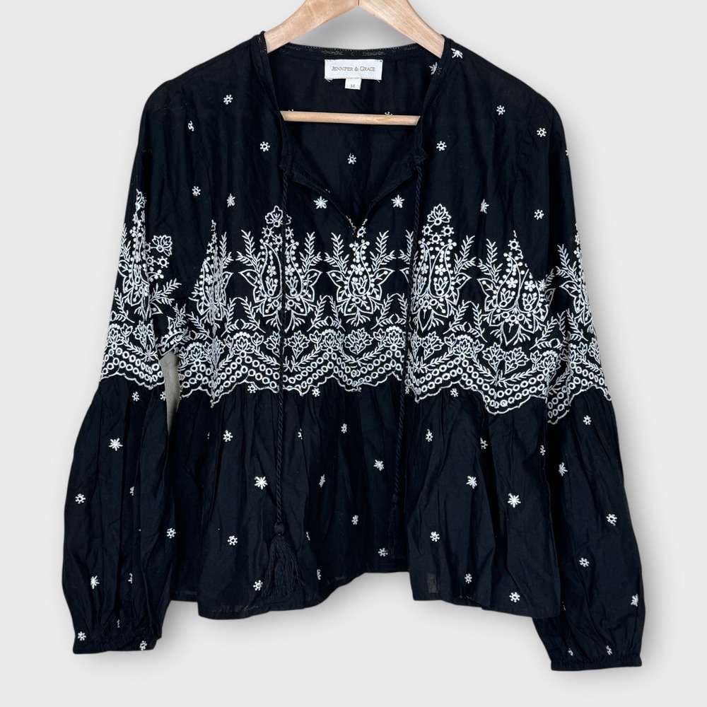 Jennifer &‎ Grace Embroidered Tassel Tie Blouse Black White Boho Peasant Top M